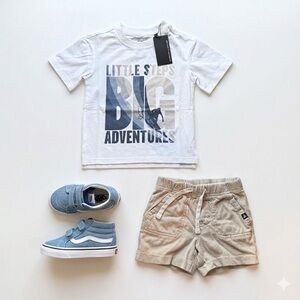 Big Adventures White Tee and Beige Soft Shorts (shoes not included)